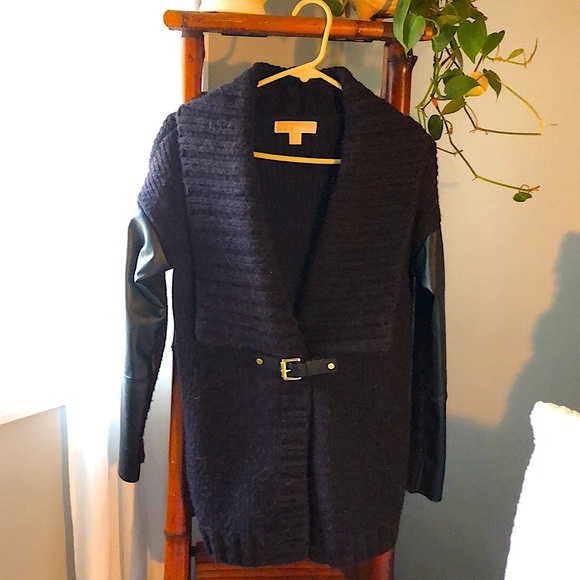 Michael Kors. Black wool & faux leather cardigan sweater with gold belt closure - Picture 1 of 6